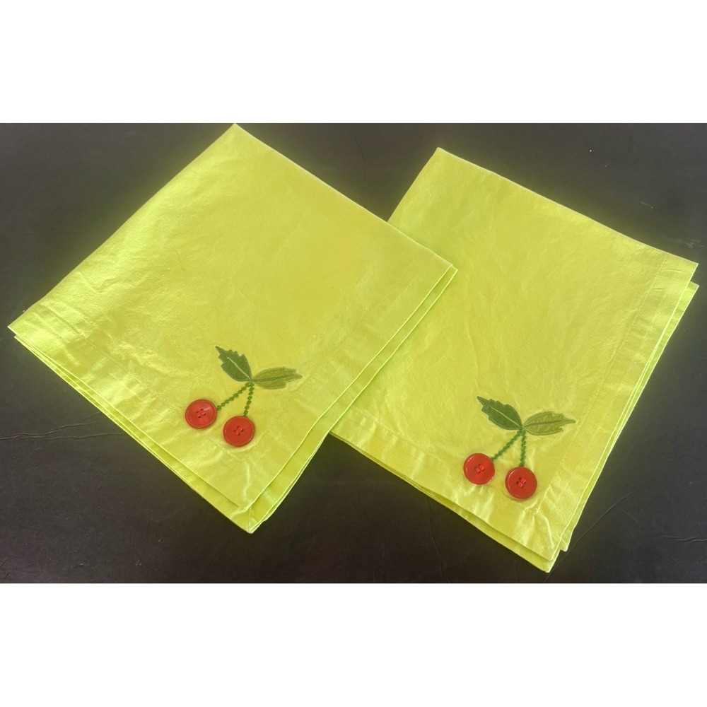 2 Kitchen Tea Towels Green w Button Cherry & Embroidered Leaves TAG 19.5"x20.5"